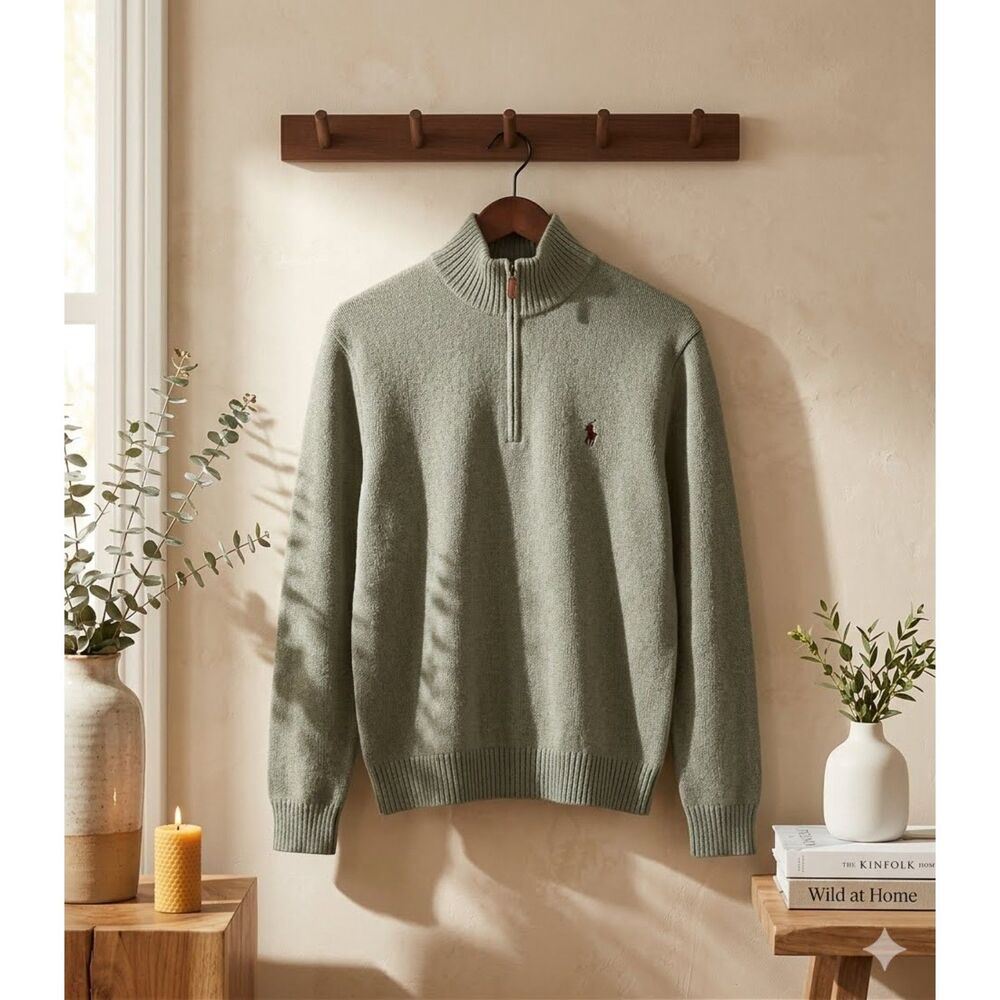 Flawed Polo Ralph Lauren Sweater Mens L Green Lambswool 1/4 Zip Italian Yarn
